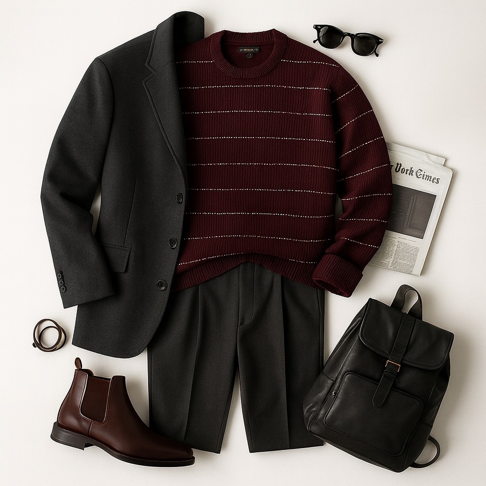 Banana Republic Burgundy Stripe Italian Wool Sweater - Classic Fit